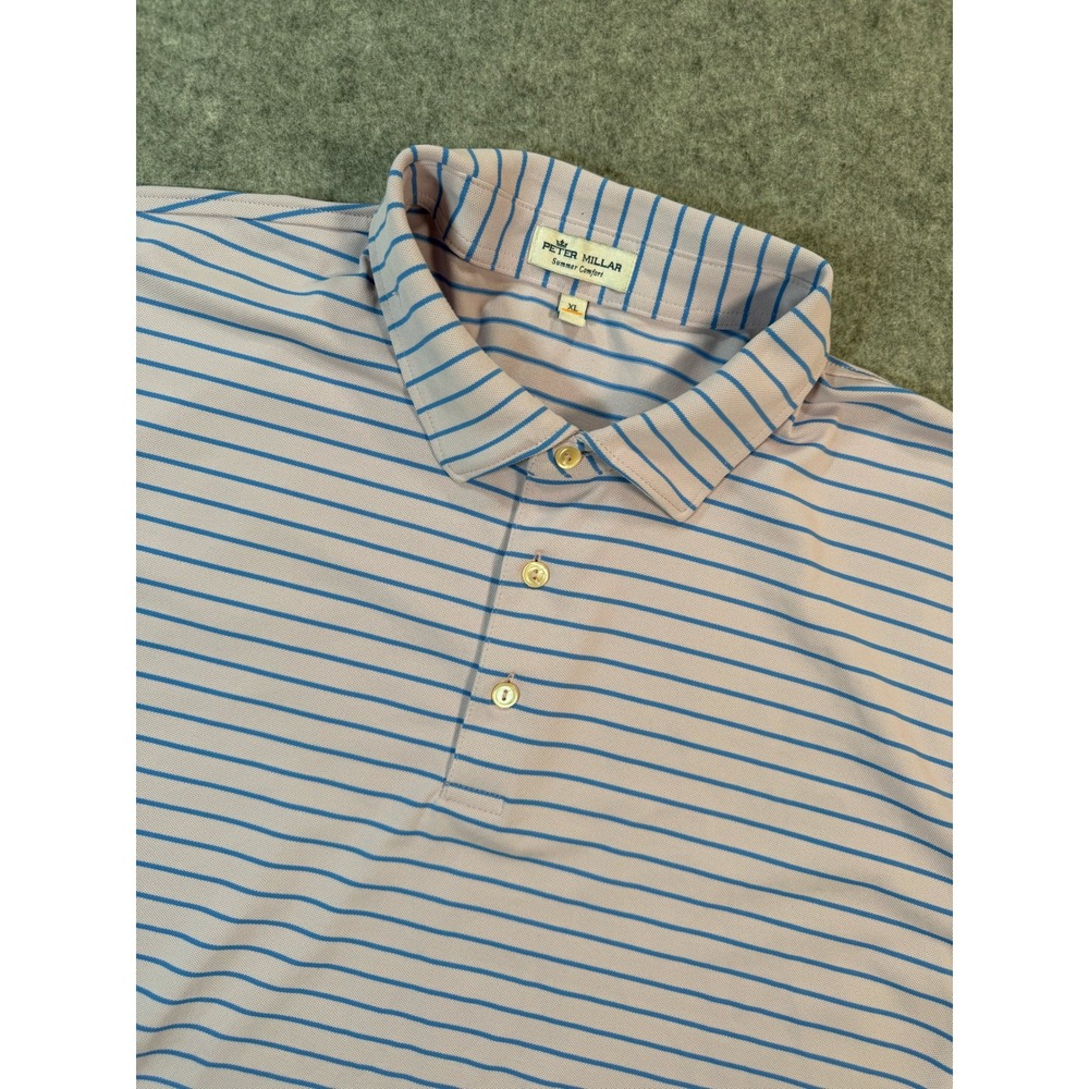 Peter Millar Summer Comfort Polo Shirt Mens XL Pink Blue Striped Tiger Logo